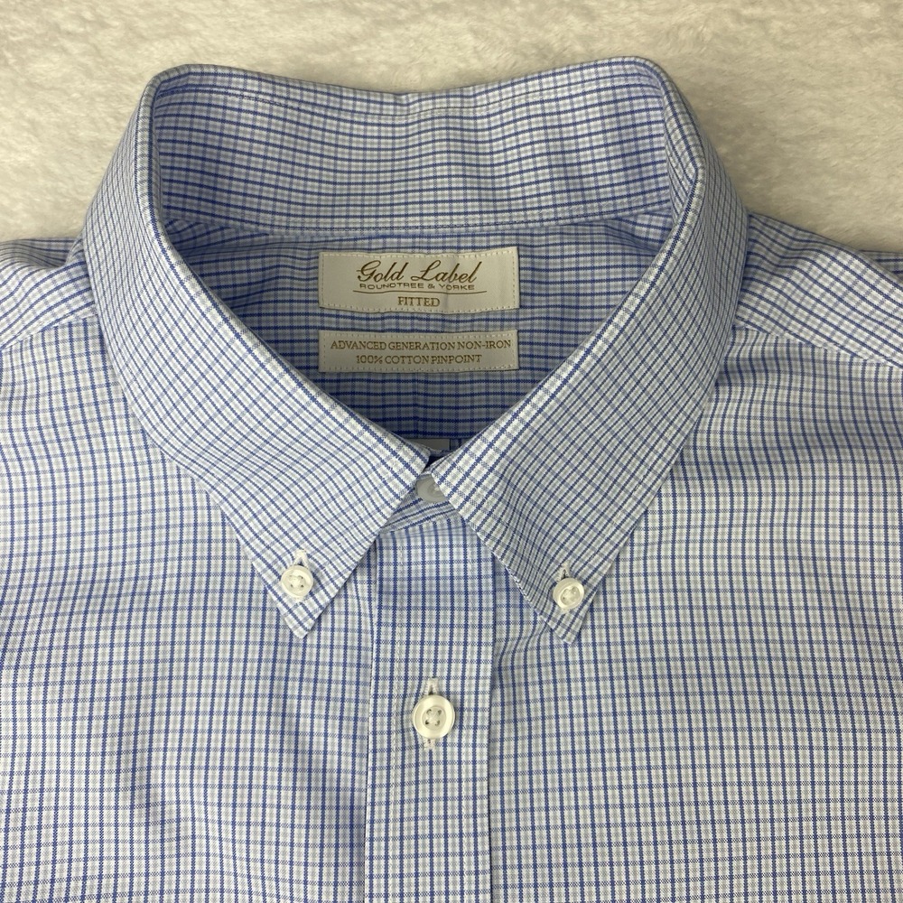 Roundtree & Yorke Gold Label Dress Shirt Mens 17-33 Blue Checks Fitted No Iron - Picture 2 of 9